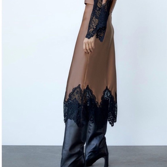 Zara Elegant Brown Satin Skirt with Black Lace Trim size M - Picture 3 of 13